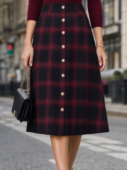 Button-Front Plaid Structured Midi Dress