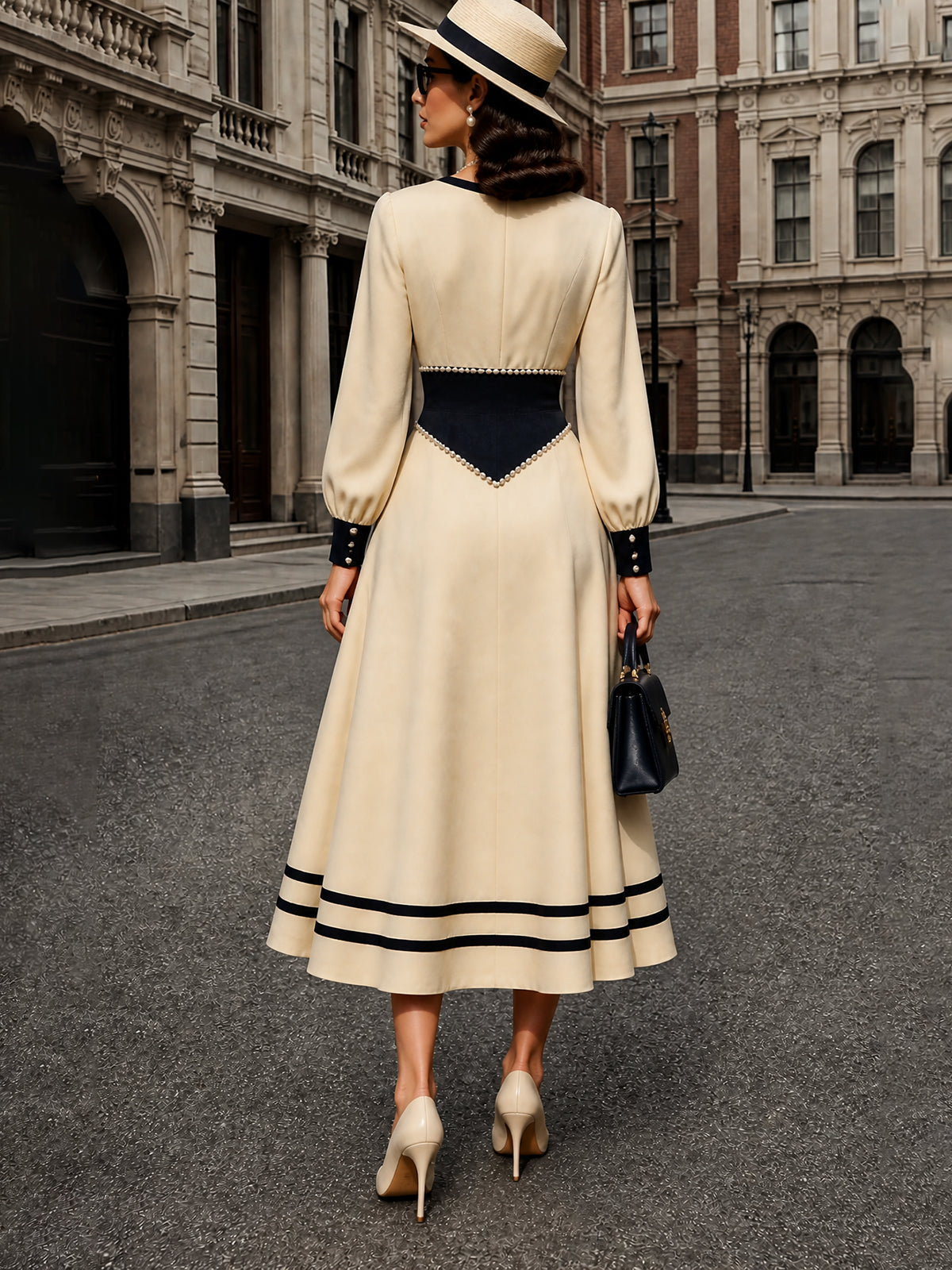 Vintage Cream Contrast Pearl-Trim A-Line Midi Dress