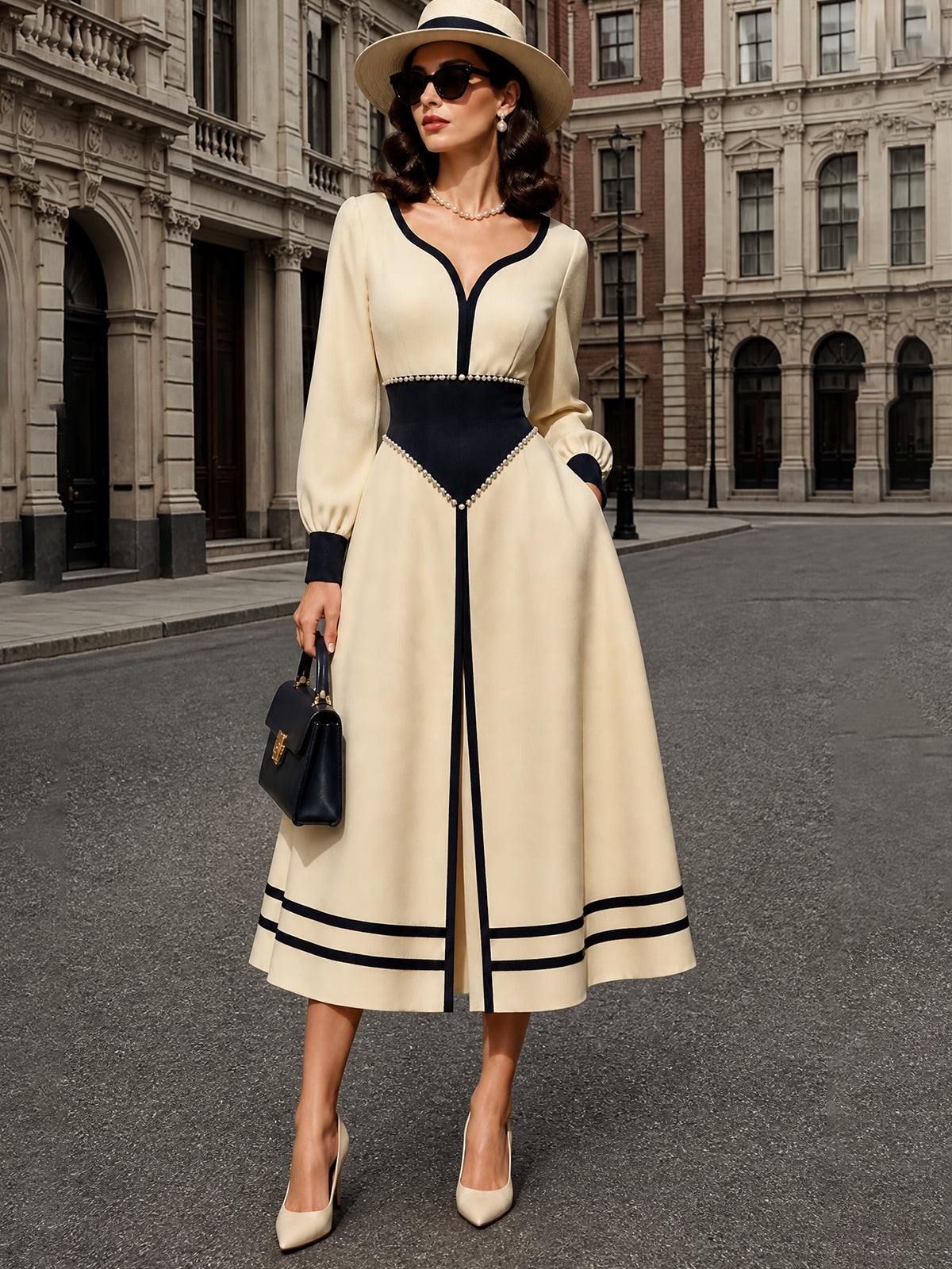 Vintage Cream Contrast Pearl-Trim A-Line Midi Dress