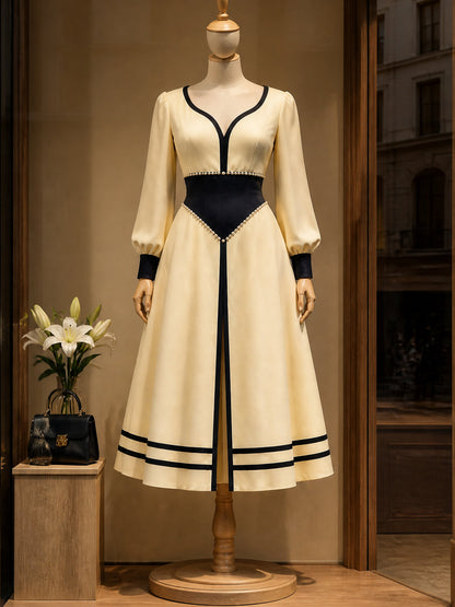 Vintage Cream Contrast Pearl-Trim A-Line Midi Dress