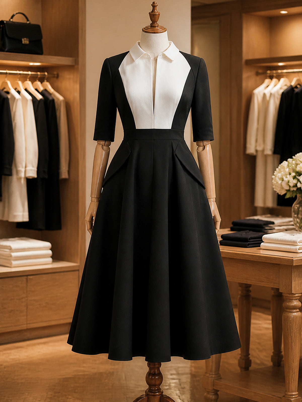 Vintage Black White Collared A-Line Midi Dress
