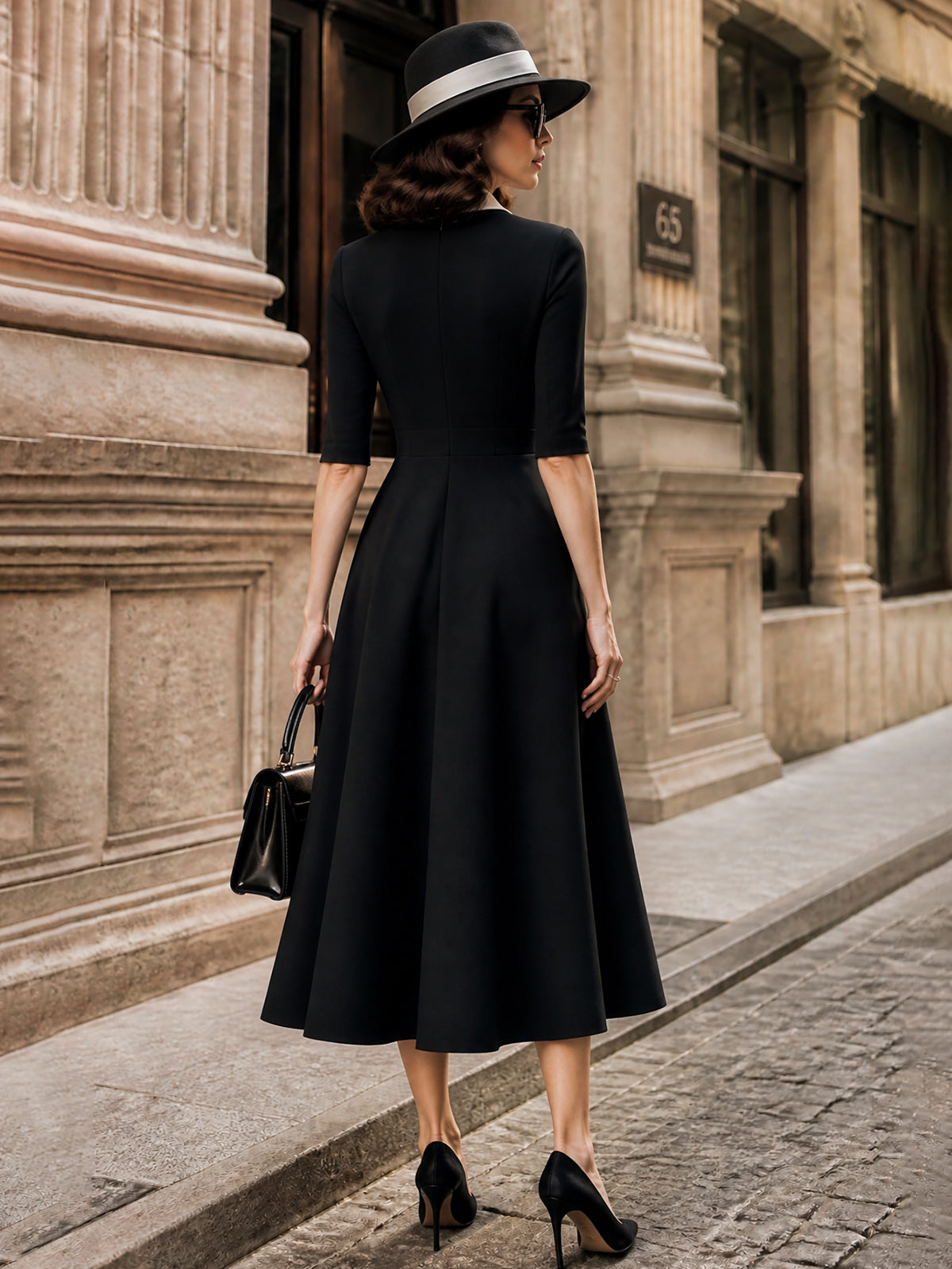 Vintage Black White Collared A-Line Midi Dress