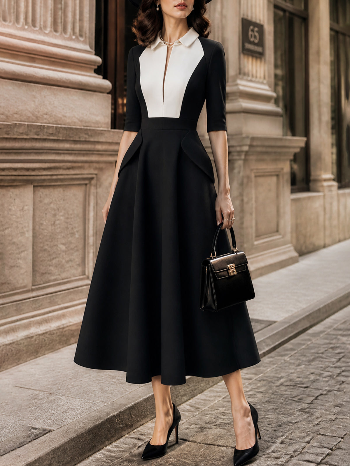 Vintage Black White Collared A-Line Midi Dress