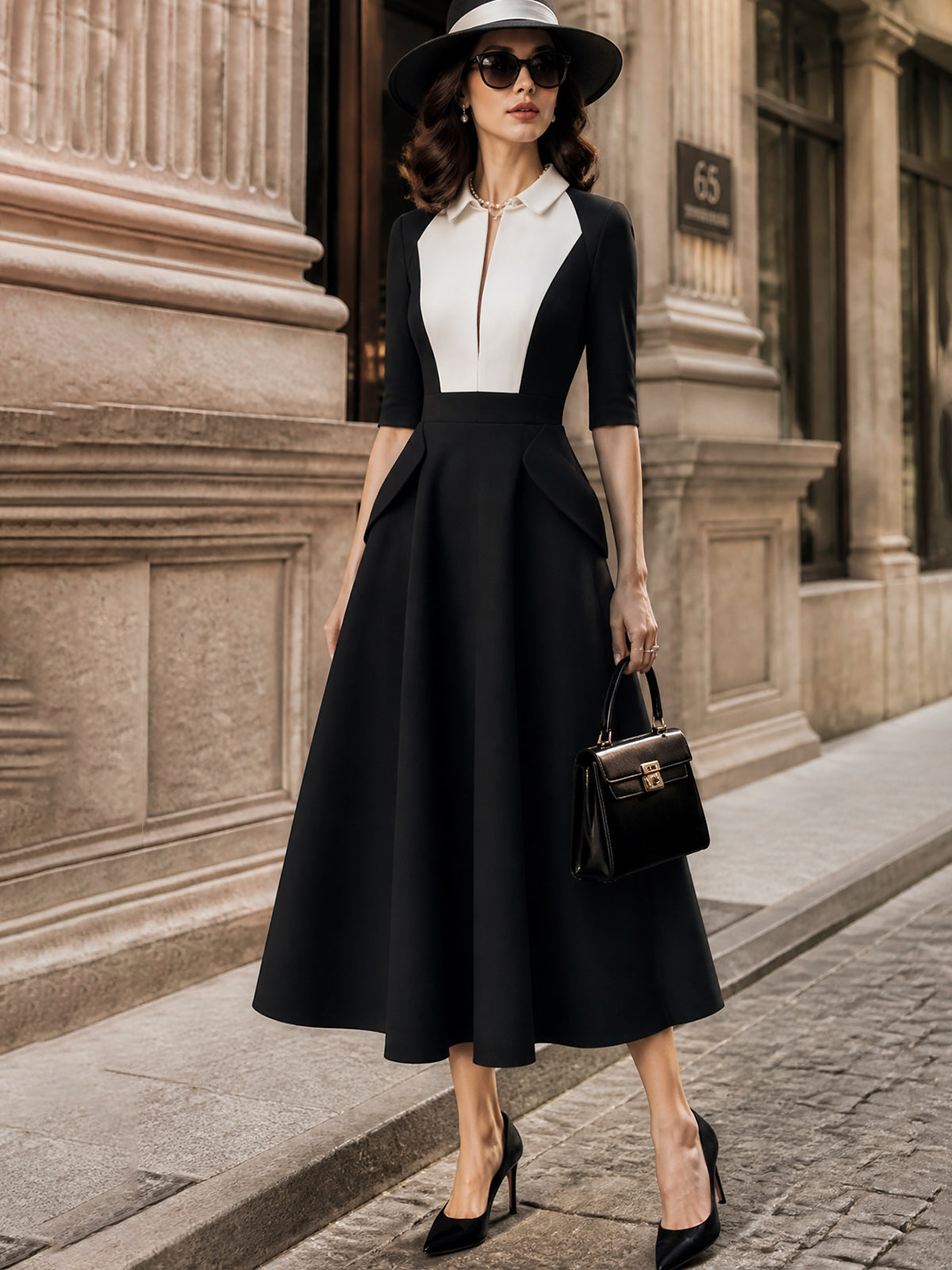Vintage Black White Collared A-Line Midi Dress
