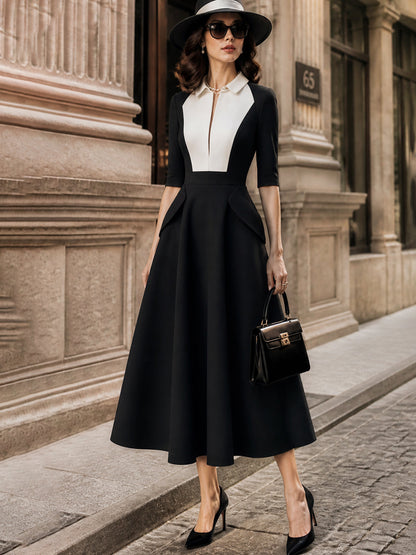 Vintage Black White Collared A-Line Midi Dress