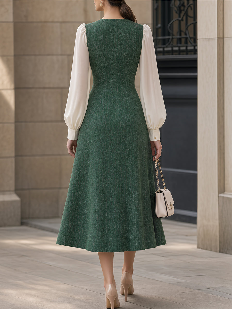 Contrast Sleeve Button-Front Tweed Structured Midi Dress