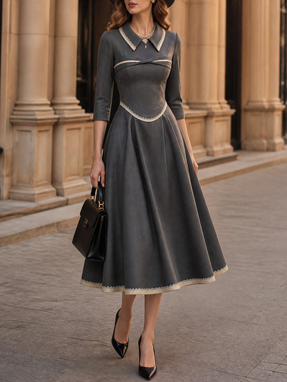 Vintage Grey Contrast-Trim Collared A-Line Midi Dress