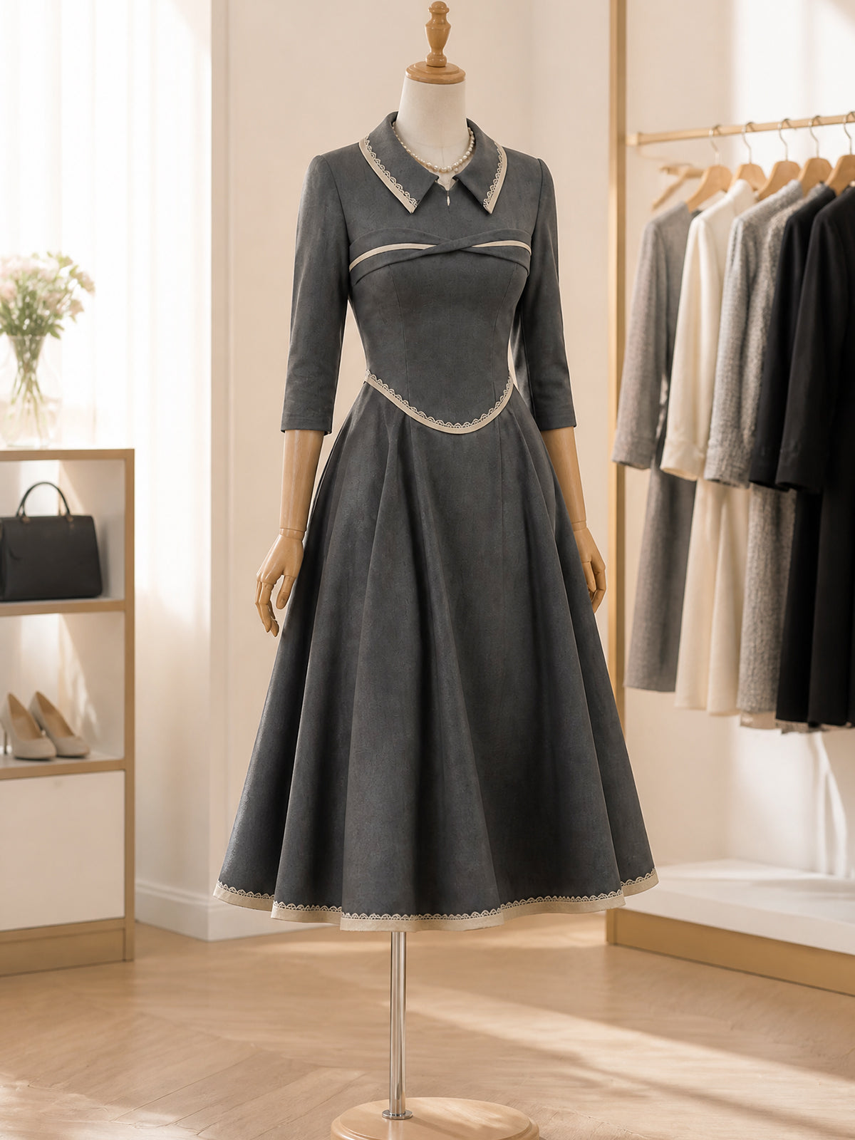 Vintage Grey Contrast-Trim Collared A-Line Midi Dress