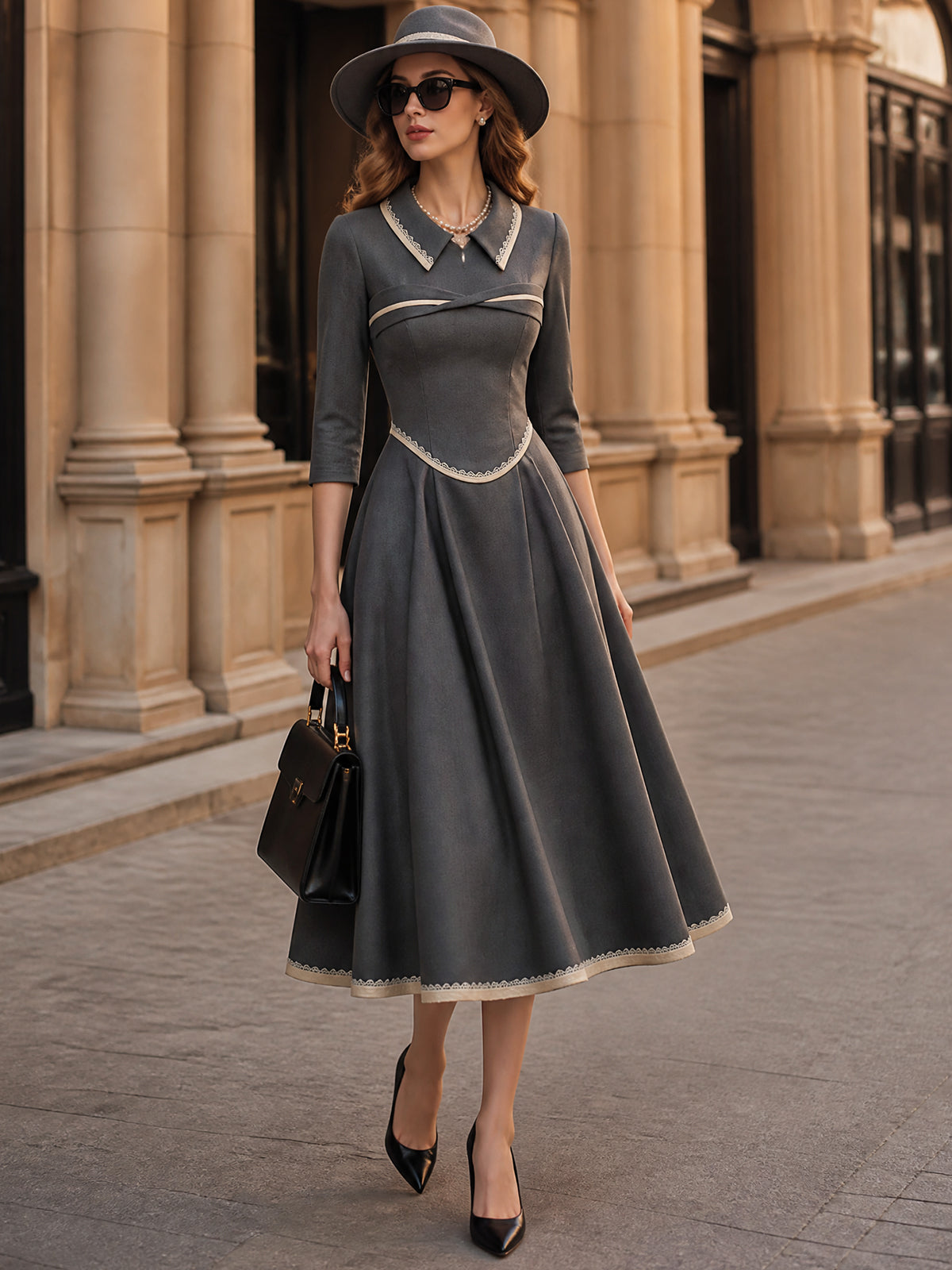 Vintage Grey Contrast-Trim Collared A-Line Midi Dress