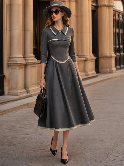 Vintage Grey Contrast-Trim Collared A-Line Midi Dress