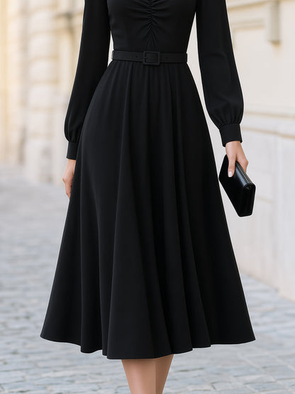Classic V-Neck Ruched Belted Midi Dress