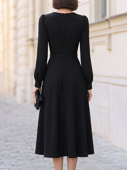 Classic V-Neck Ruched Belted Midi Dress