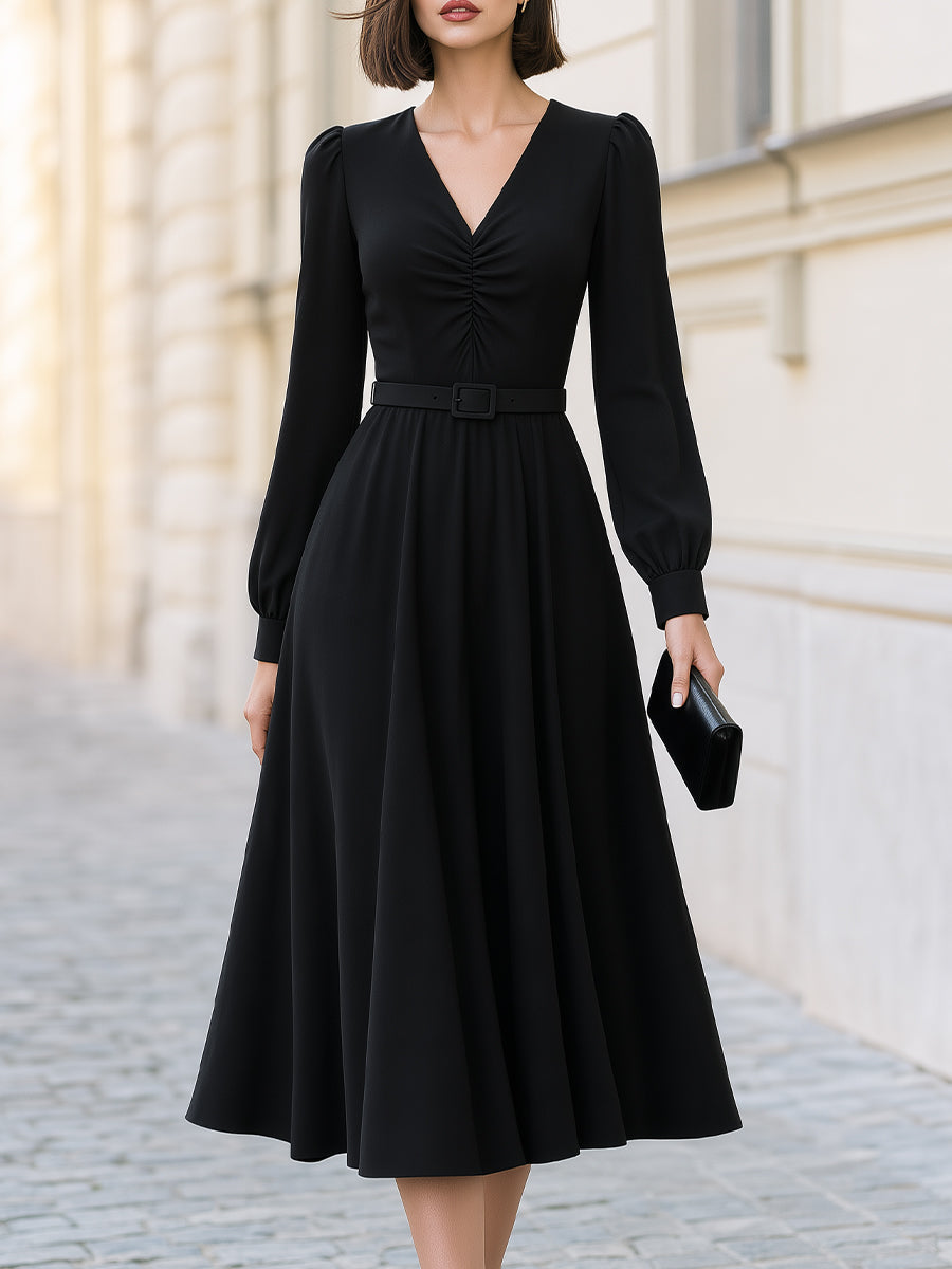 Classic V-Neck Ruched Belted Midi Dress