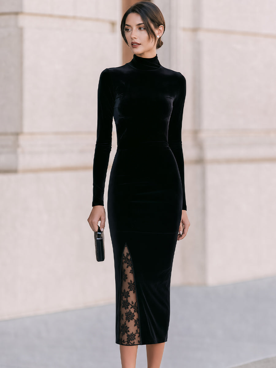 Velvet Lace Slit Turtleneck Midi Dress