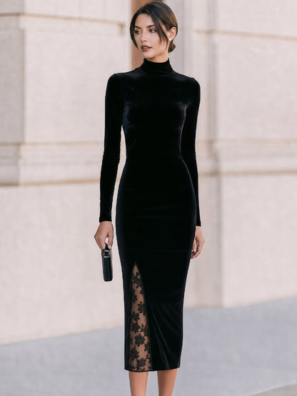 Velvet Lace Slit Turtleneck Midi Dress