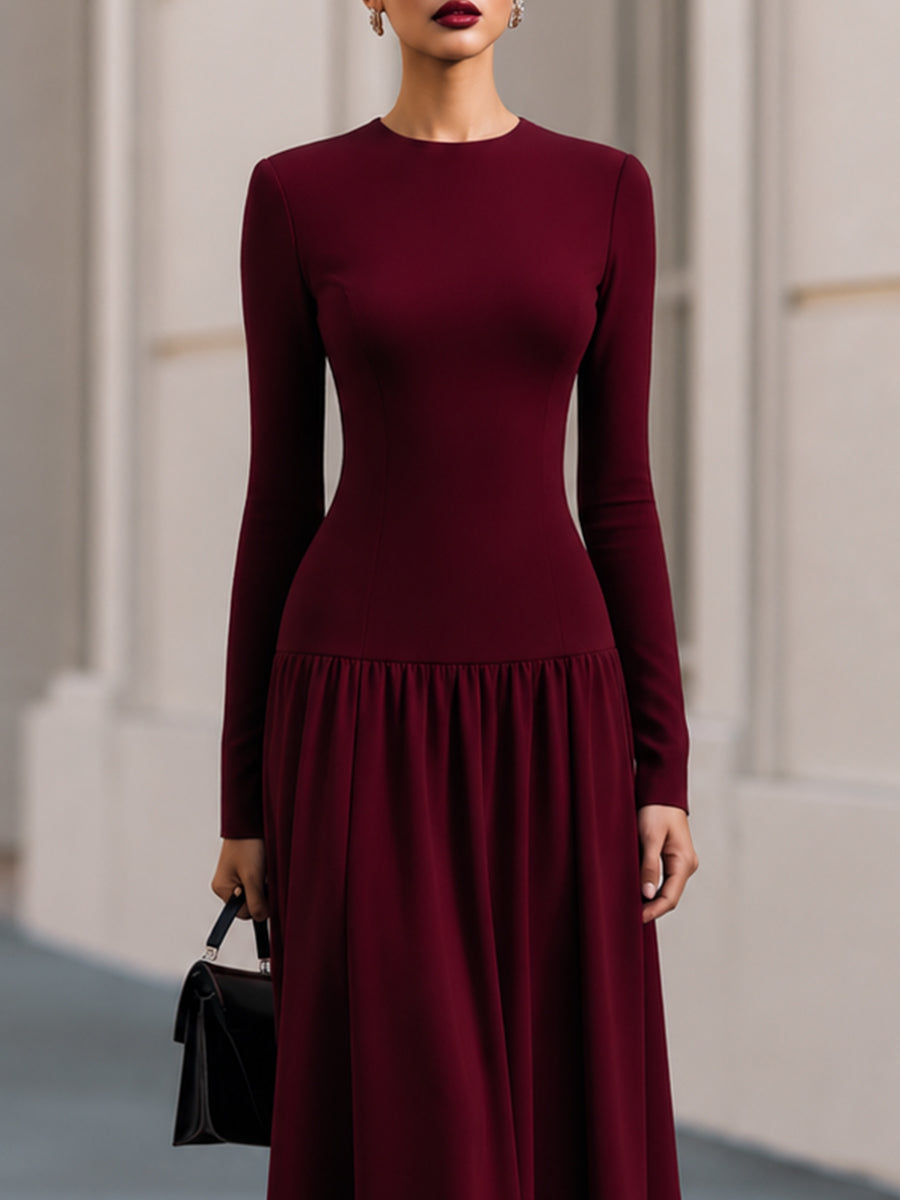 Round Neck Gathered Midi Dress