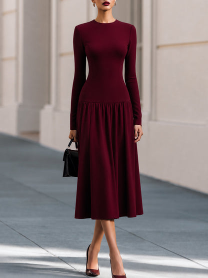 Round Neck Gathered Midi Dress