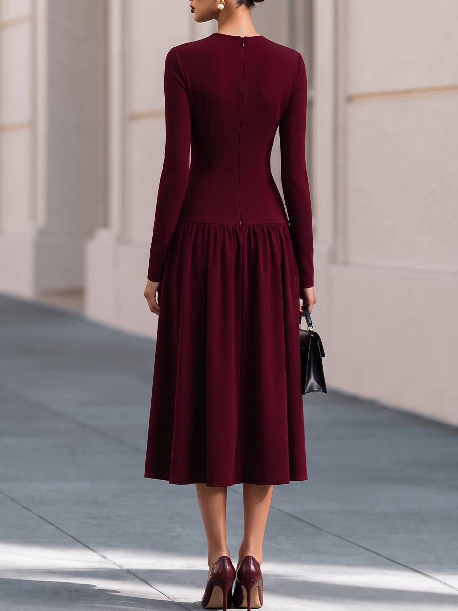 Round Neck Gathered Midi Dress
