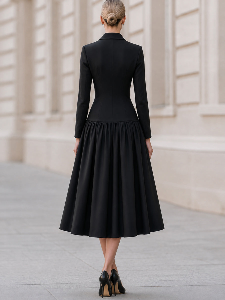 Tailored Notched Lapel Gathered Midi Blazer Dress