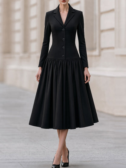 Tailored Notched Lapel Gathered Midi Blazer Dress