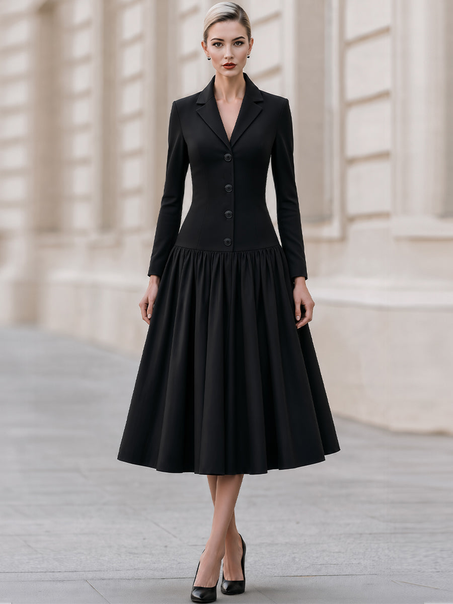 Tailored Notched Lapel Gathered Midi Blazer Dress