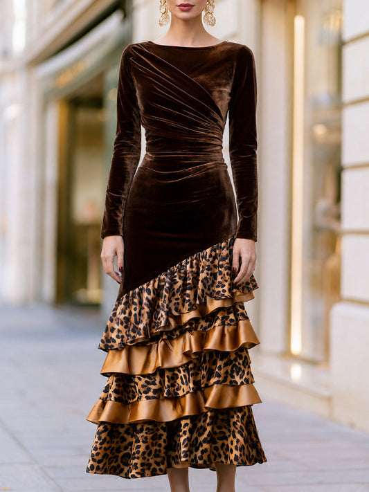 Velvet Draped Bodice Leopard Ruffle Midi Dress