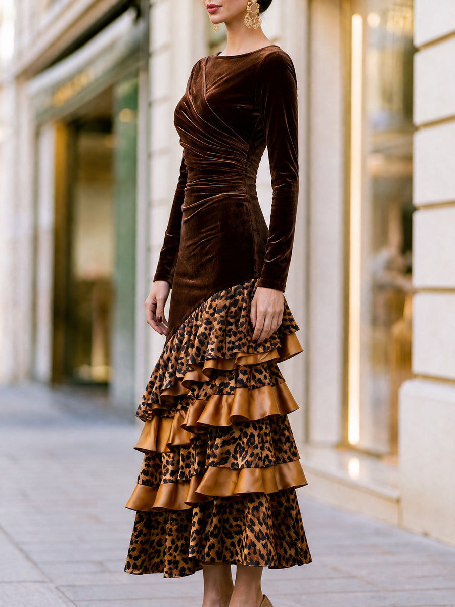 Velvet Draped Bodice Leopard Ruffle Midi Dress