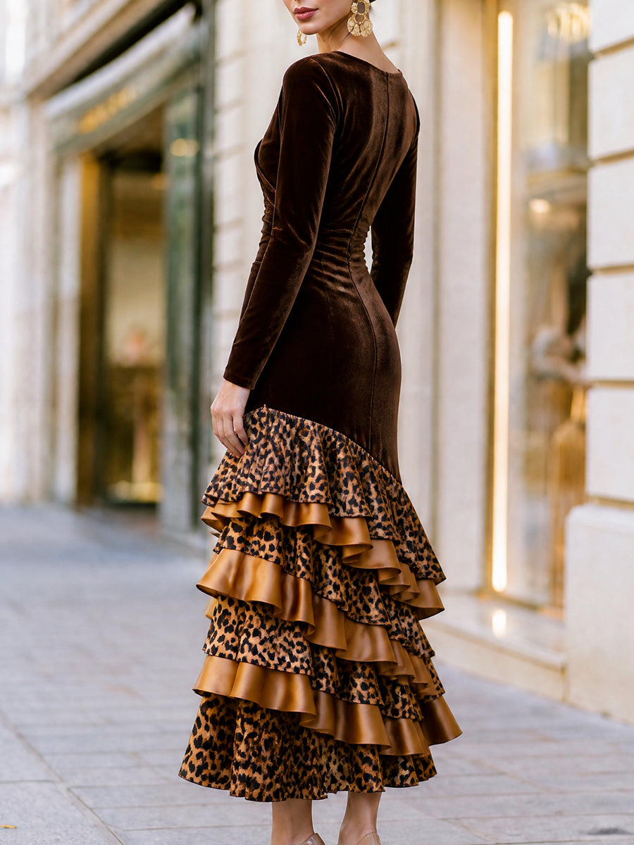 Velvet Draped Bodice Leopard Ruffle Midi Dress