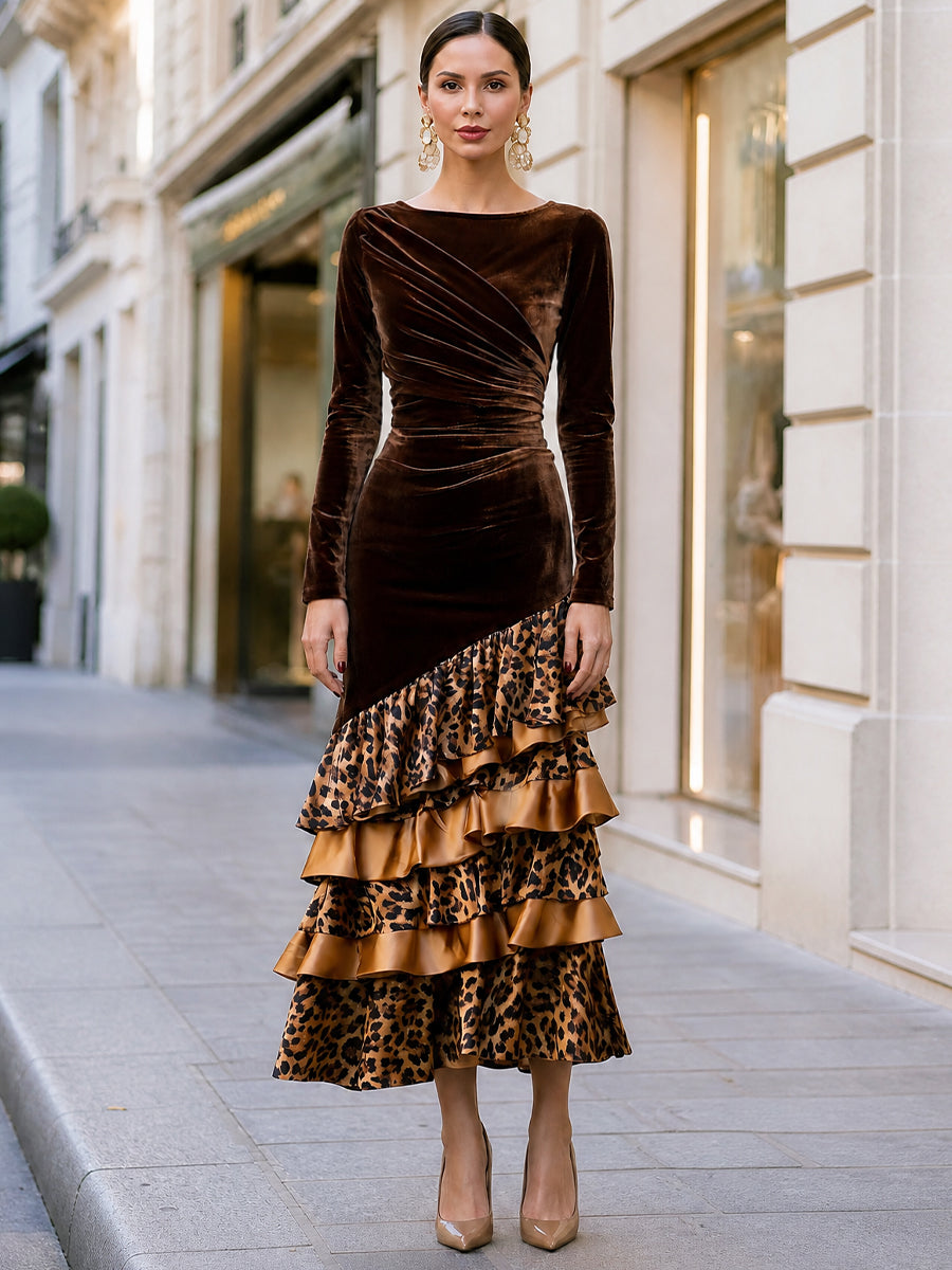Velvet Draped Bodice Leopard Ruffle Midi Dress