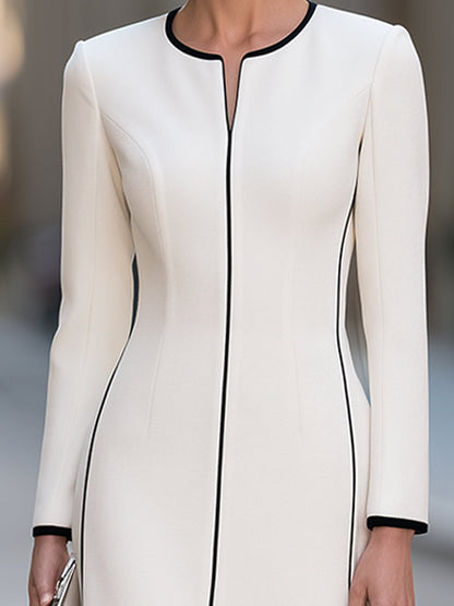 Elegant Contrast Trim White Tailored Midi Dress