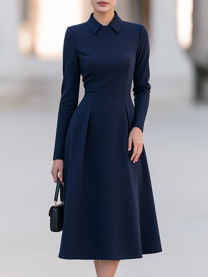 Elegant Navy Blue Long Sleeve Collared A-Line Midi Dress