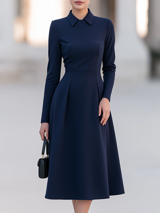 Elegant Navy Blue Long Sleeve Collared A-Line Midi Dress