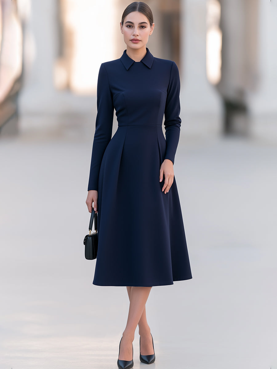 Elegant Navy Blue Long Sleeve Collared A-Line Midi Dress