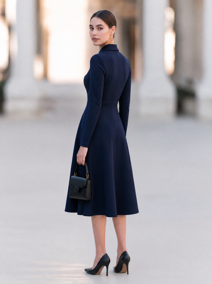 Elegant Navy Blue Long Sleeve Collared A-Line Midi Dress