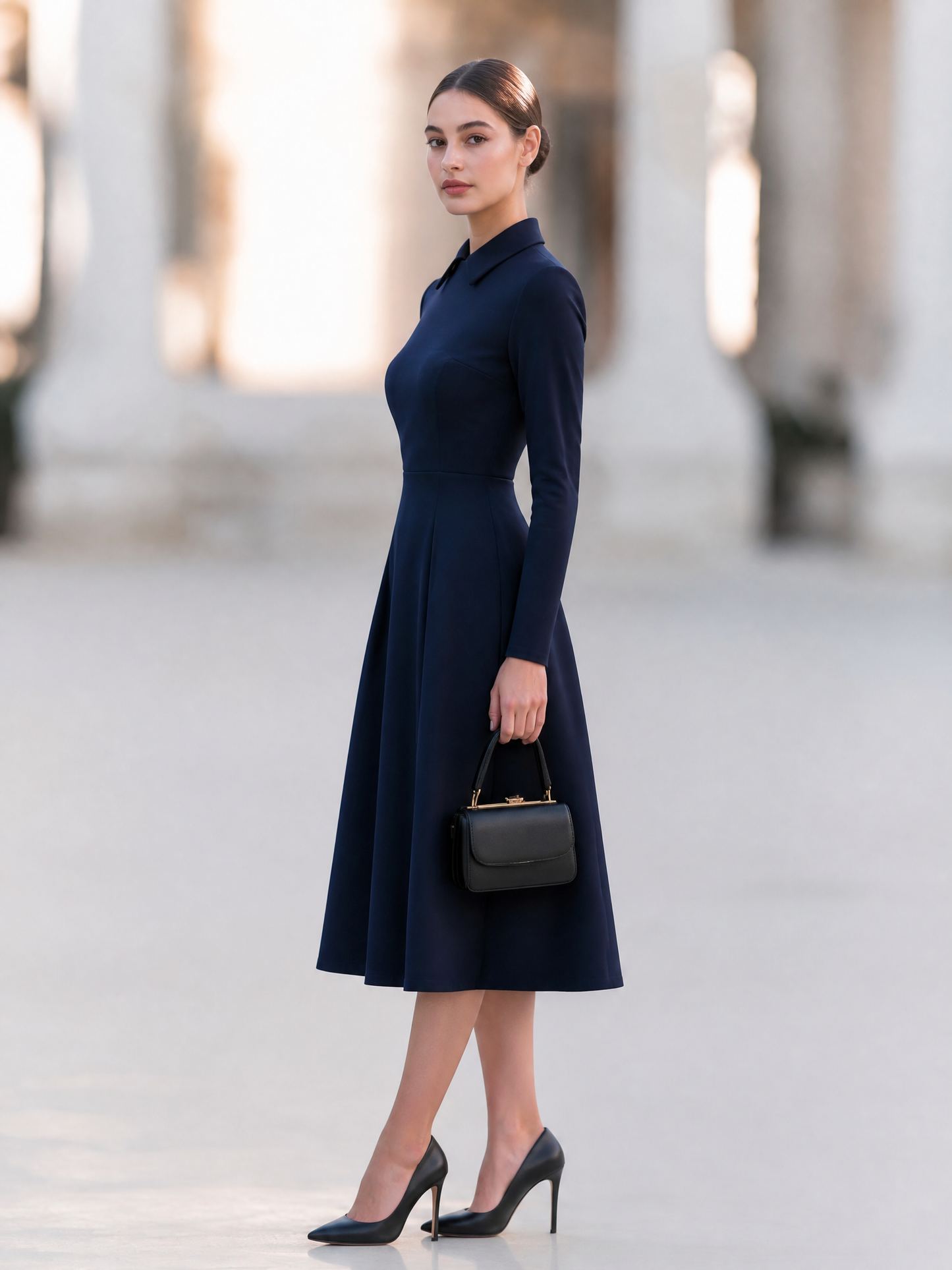 Elegant Navy Blue Long Sleeve Collared A-Line Midi Dress
