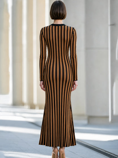 Vertical-Stripe Knit Mermaid Maxi Dress
