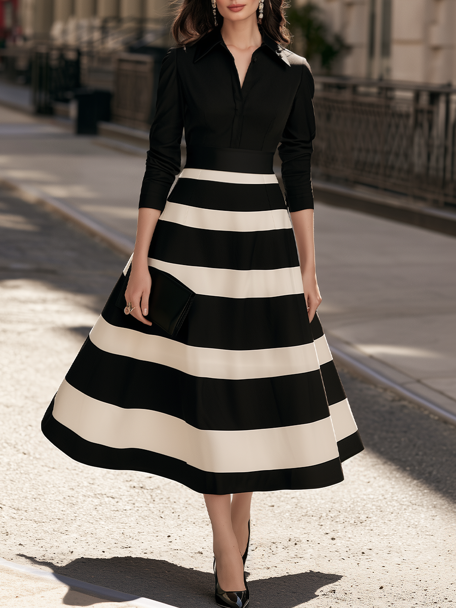 Women's Striped Long Sleeve Collared A-Line Midi Dress