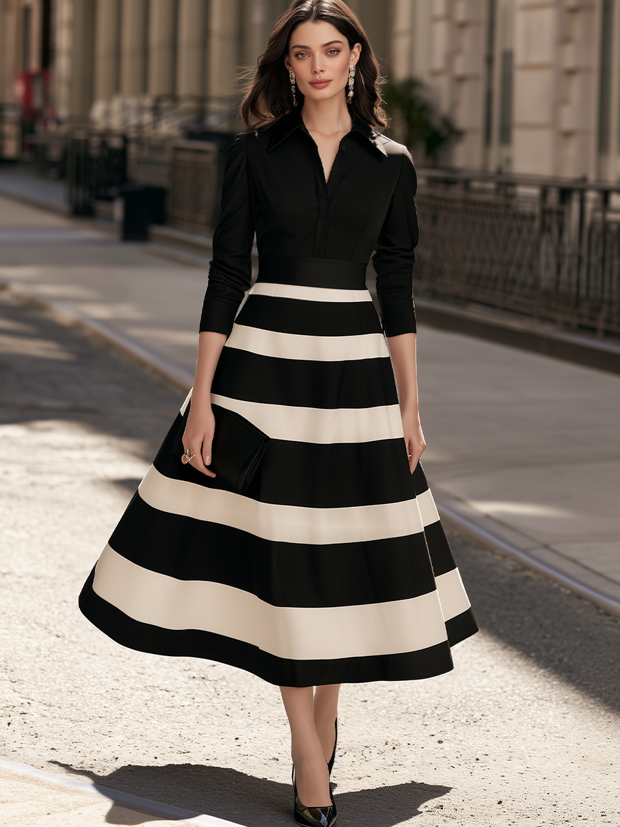 Women's Striped Long Sleeve Collared A-Line Midi Dress