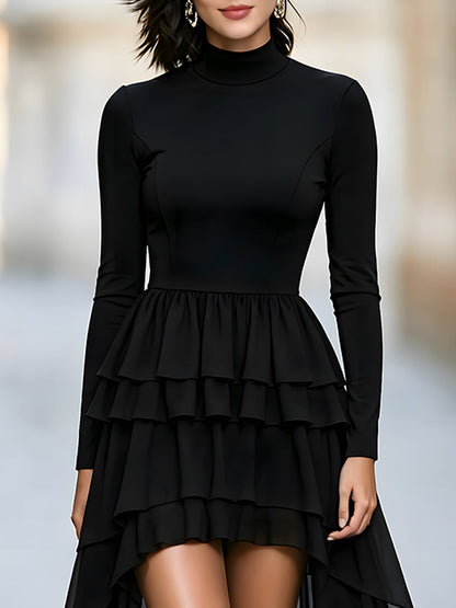 Turtleneck Tiered-Ruffle High-Low Dress