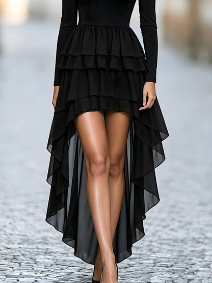 Turtleneck Tiered-Ruffle High-Low Dress