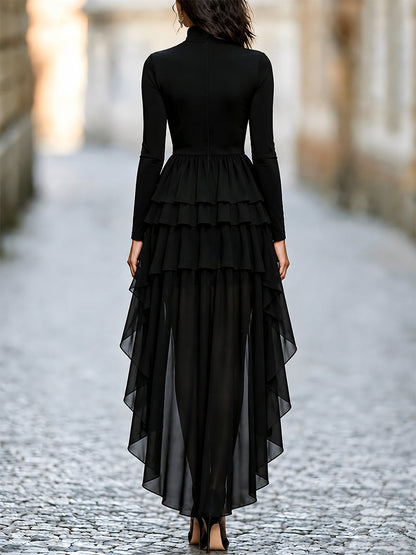 Turtleneck Tiered-Ruffle High-Low Dress