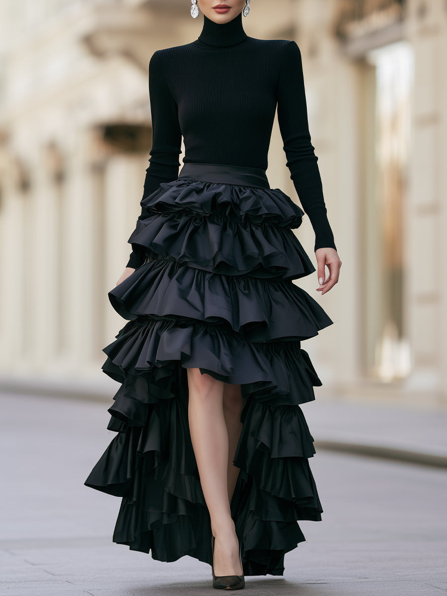 Ribbed Turtleneck Tiered Ruffle High-Low Dress