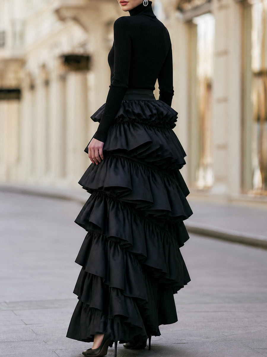 Ribbed Turtleneck Tiered Ruffle High-Low Dress
