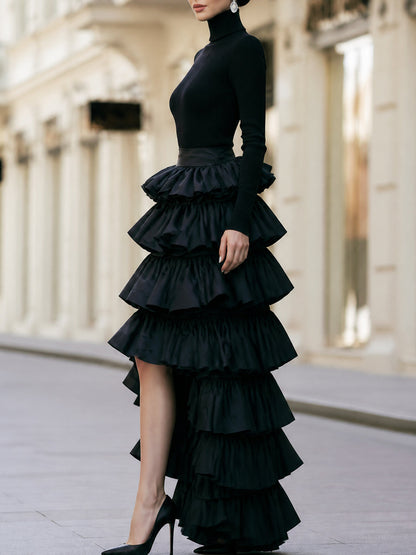 Ribbed Turtleneck Tiered Ruffle High-Low Dress