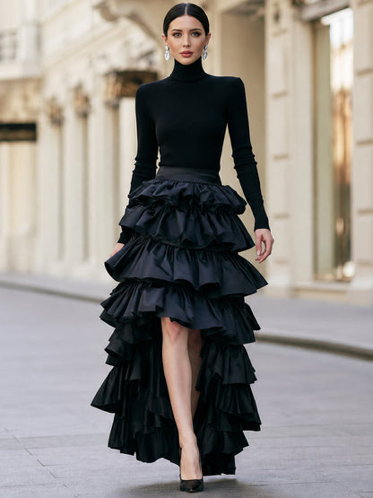 Ribbed Turtleneck Tiered Ruffle High-Low Dress