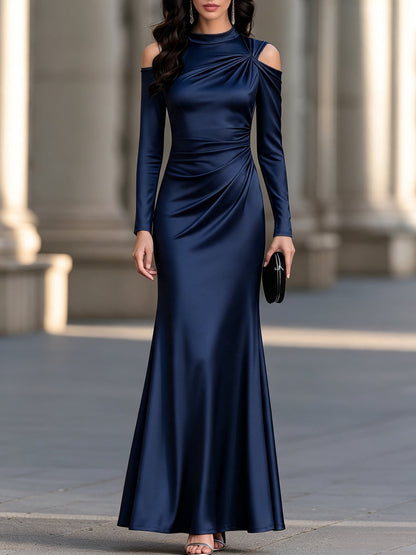 Cold-Shoulder Satin Draped Maxi Dress