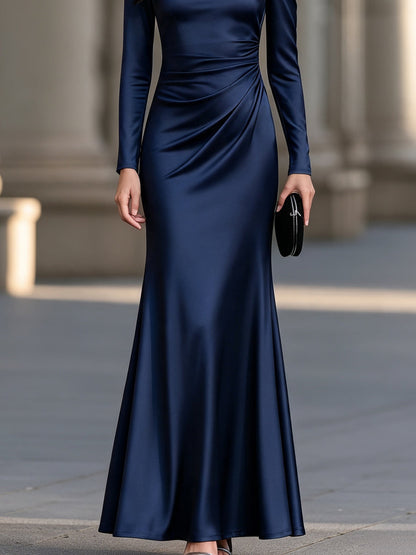 Cold-Shoulder Satin Draped Maxi Dress