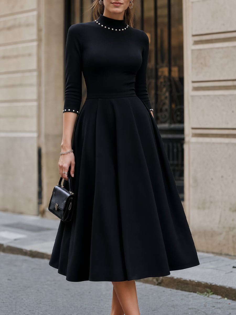 Pearl-Embellished Mock Neck Structured Midi Dress