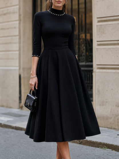 Pearl-Embellished Mock Neck Structured Midi Dress