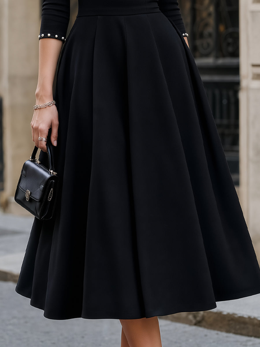 Pearl-Embellished Mock Neck Structured Midi Dress